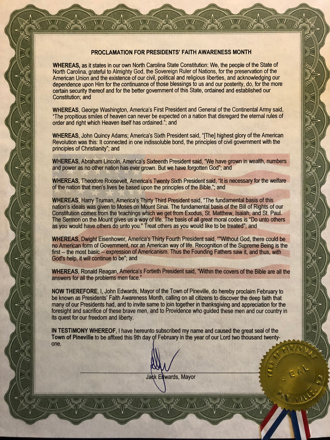 Presidents' Faith Awareness Month Proclamation